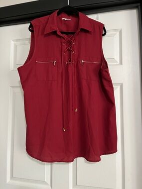 Sleeveless Lace-Up Shirt Blouse - deep Red